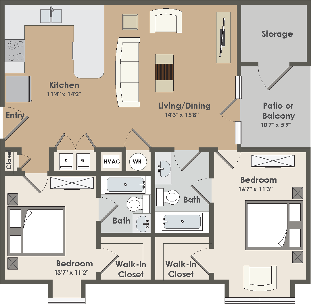 Floor plan for 2 beds, 2 baths, 1000 sqft